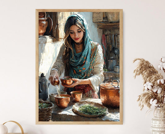 Affiche Art Chai Kurde – Poster Cuisine Rustique avec Pots en Cuivre
