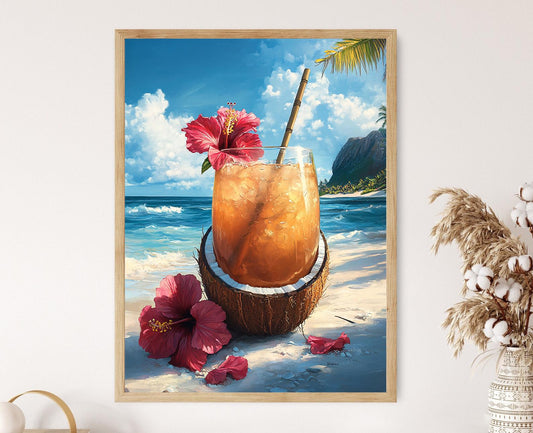 Affiche Eau de Coco – Poster Art de Coquille et Paille en Bambou