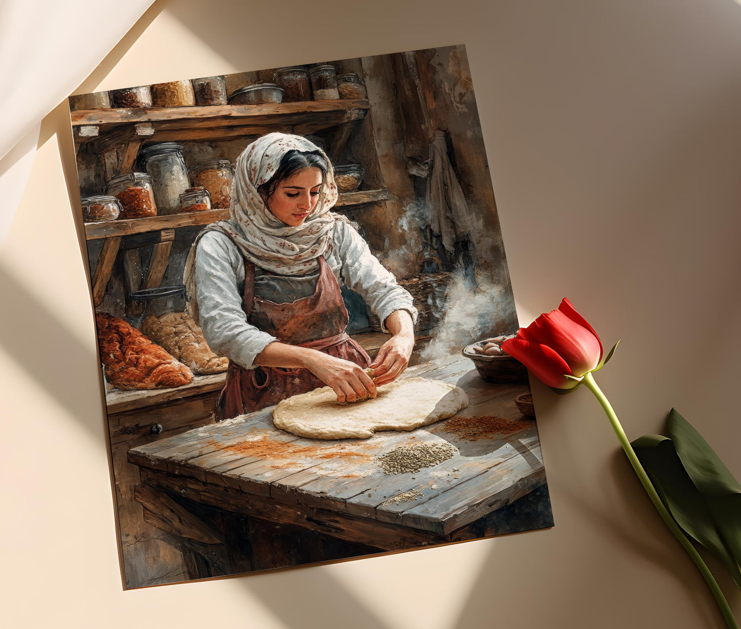 Affiche Art de la Fabrication du Pain Palestinien – Scène Rustique de Cuisine