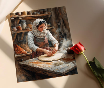 Affiche Art de la Fabrication du Pain Palestinien – Scène Rustique de Cuisine