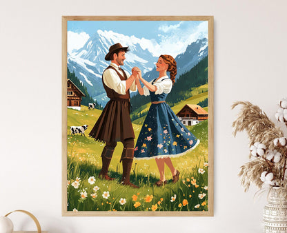 Affiche Danse Ländler – Imprimé Art d'un Village Alpin Bavarois