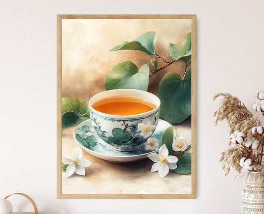 Affiche Thé Jasmin – Impression d'art avec tasse en porcelaine et fleurs