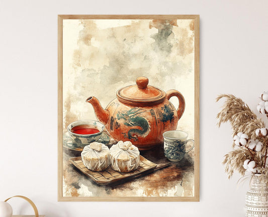 Affiche Thé Pu-erh – Imprimé d'Art avec Dragon et Gâteaux de Thé