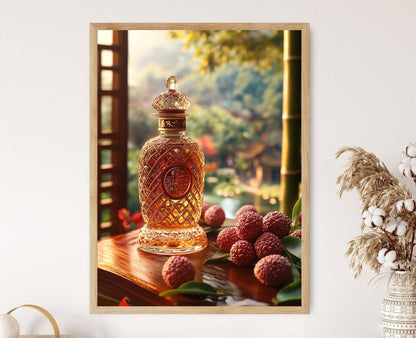 Affiche Vin de Litchi – Impression d'art avec bouteille et motifs chinois
