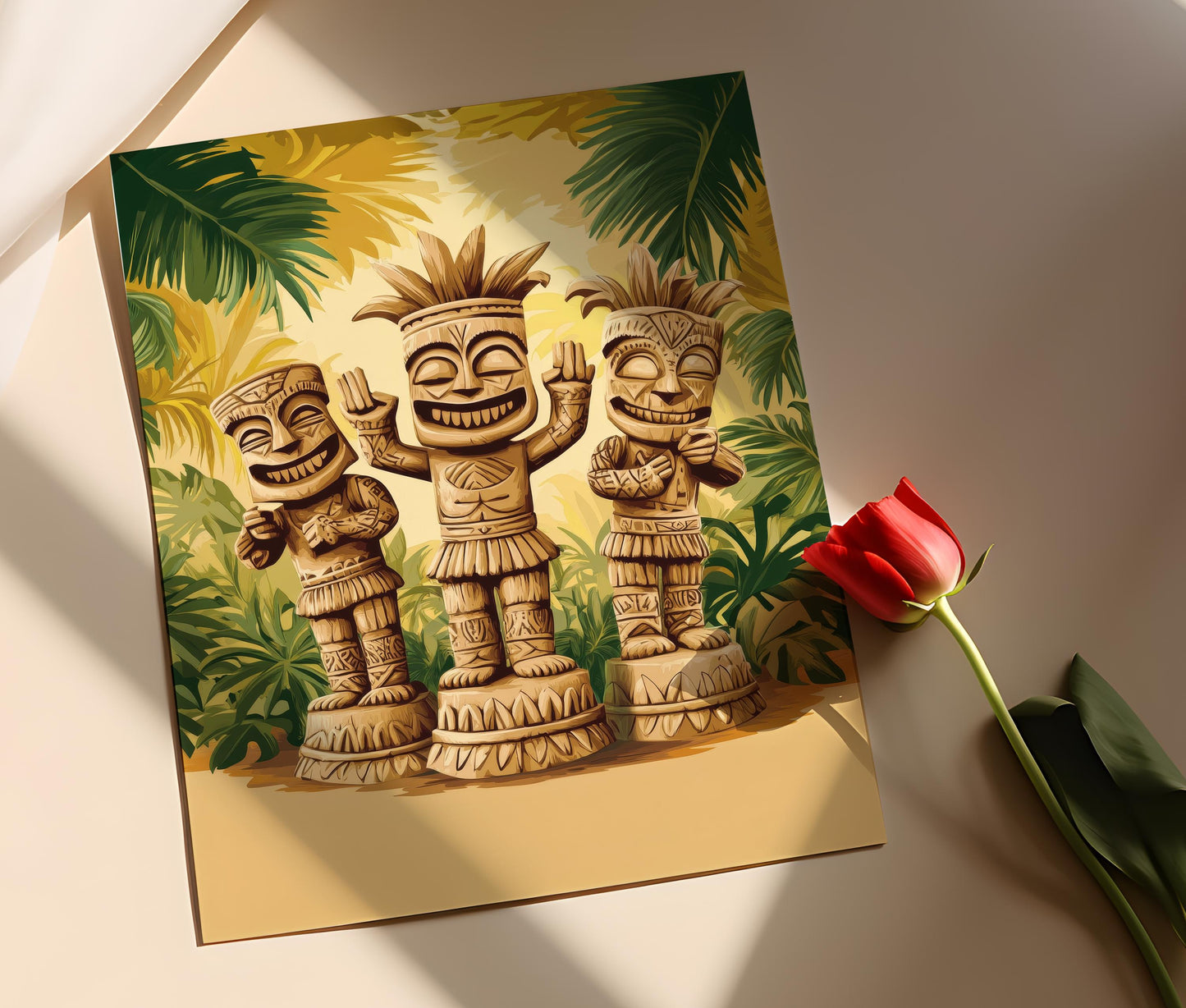 Affiche Statues Tiki Dansantes – Poster Art Tropical Coloré
