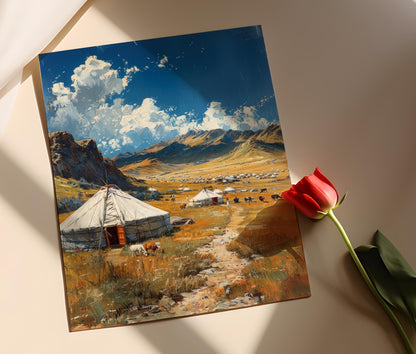 Affiche Village Mongol Traditionnel – Poster Art de Vie Nomade