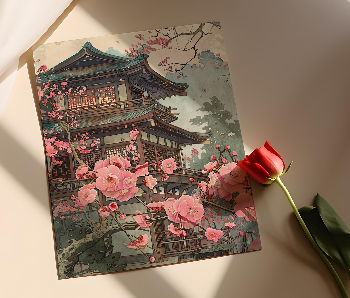 Affiche Art Japonais Inspiré – Temple en Fleurs de Cerisier