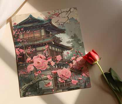 Affiche Art Japonais Inspiré – Temple en Fleurs de Cerisier