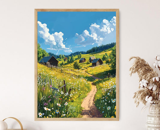 Affiche Village Vyatskoye – Poster Maisons en Bois et Champs Roulants