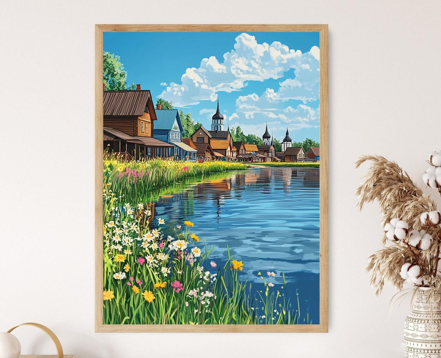 Affiche Kizhi Village – Impression artistique des maisons en bois au lac Onega
