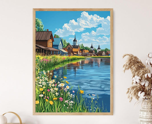 Affiche Kizhi Village – Impression artistique des maisons en bois au lac Onega