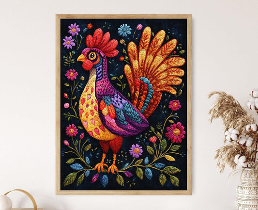 Affiche Coq Coloré – Impression Art Populaire Ukrainienne pour Cuisine