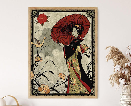 Affiche Hanafuda – Illustration de Geisha Japonaise Élégante