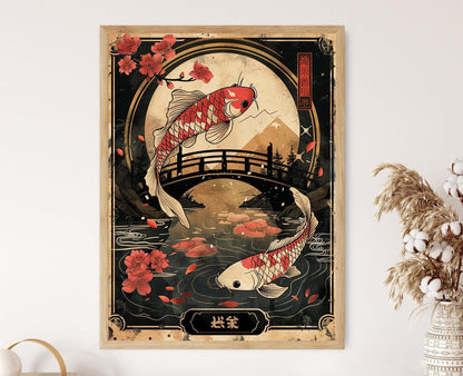 Affiche Hanafuda Japonaise – Poster Illustration de Koi et Jardin