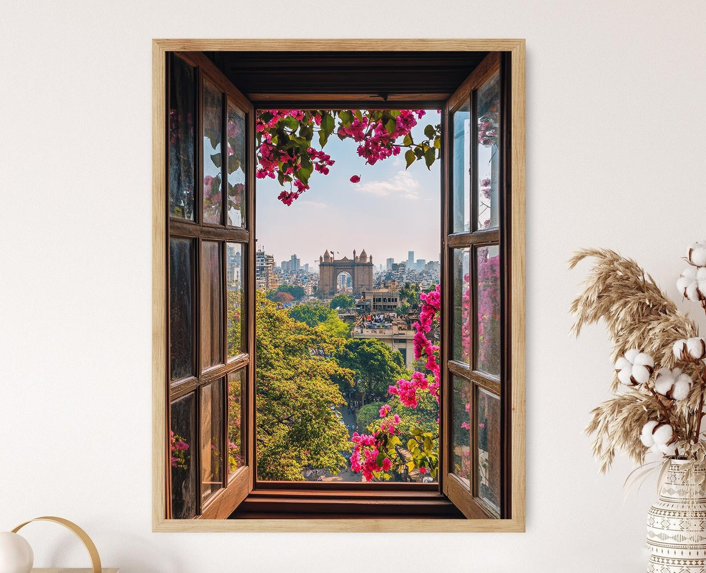 Affiche Mumbai – Poster Art de la Porte de l'Inde et fenêtres de Bougainvillée