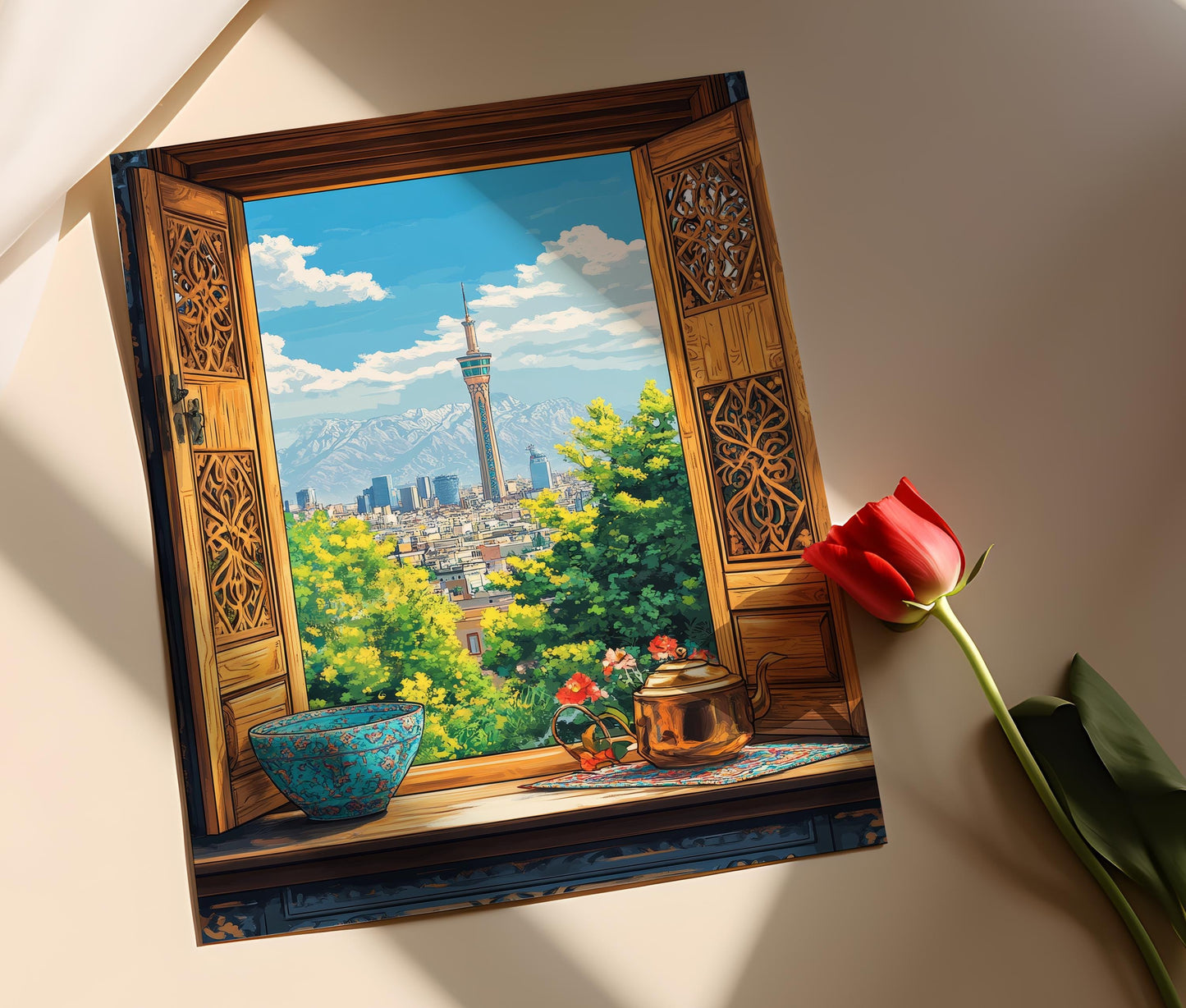 Affiche Illustrative de Téhéran – Vue de la Tour Milad avec Motifs Iraniens