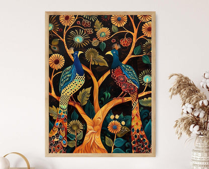 Affiche Kalamkari – Imprimé Paon Indien, Décor Boho Élégant