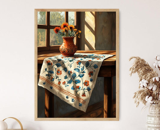 Affiche Kalamkari – Poster Art Floral et Oiseau Indien