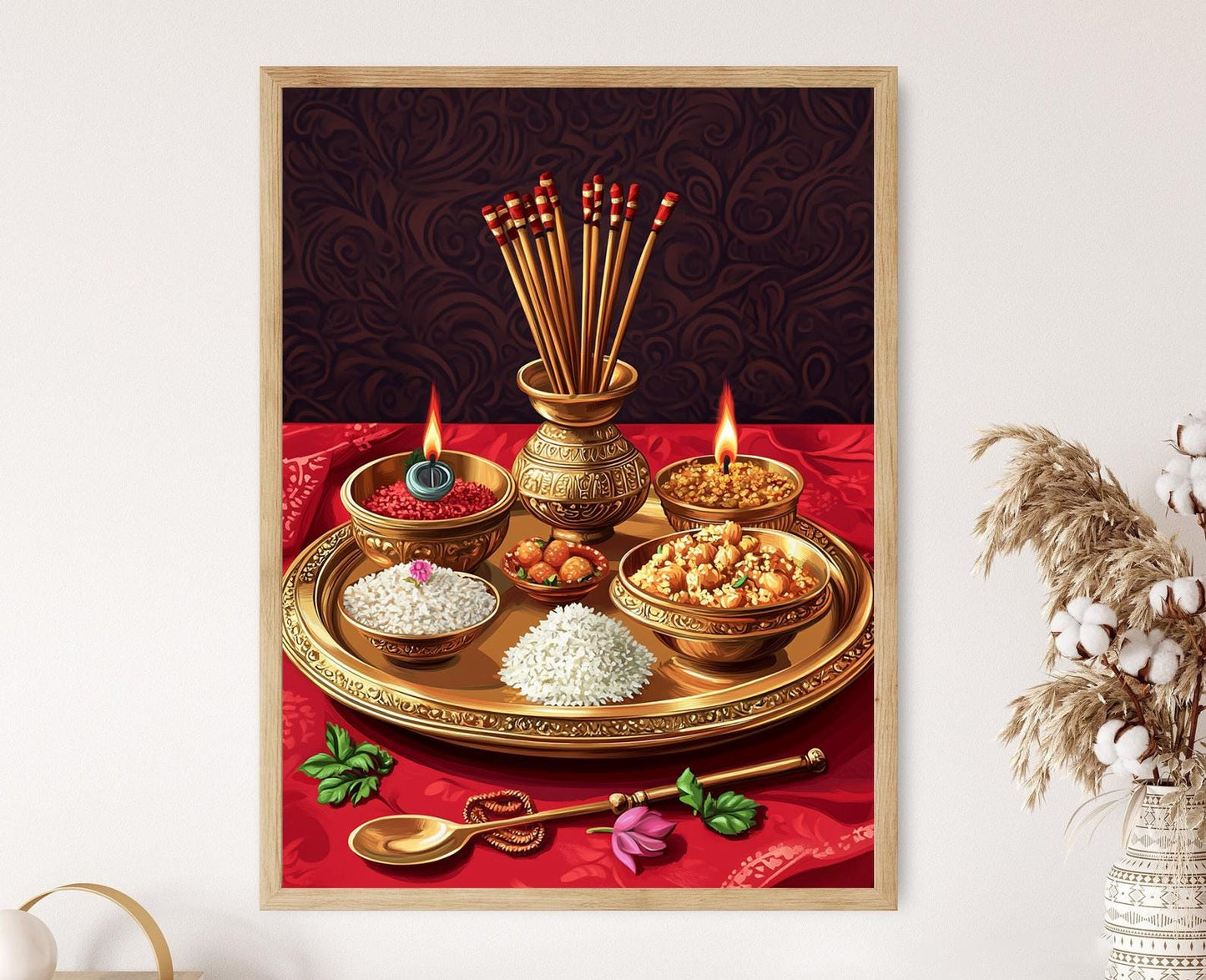 Affiche Puja en Laiton – Poster d'Art Spirituel Hindou avec Thali et Diya