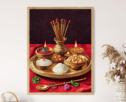 Affiche Puja en Laiton – Poster d'Art Spirituel Hindou avec Thali et Diya