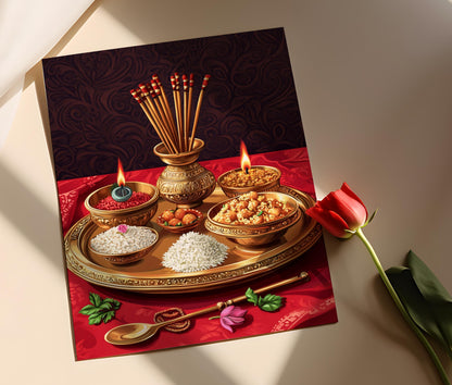 Affiche Puja en Laiton – Poster d'Art Spirituel Hindou avec Thali et Diya