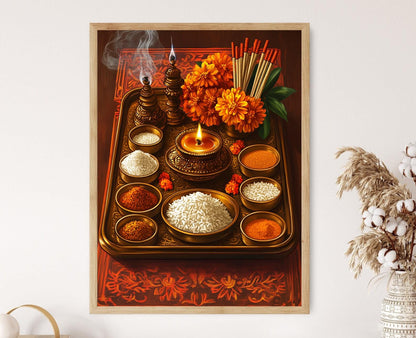 Affiche Thali Puja en Laiton – Poster Art de Rituel Hindou avec Diyas et Motifs Floraux