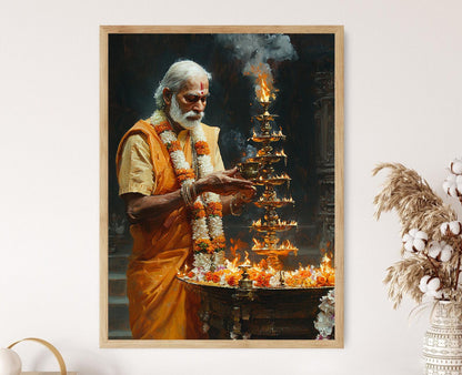 Affiche Aarti Hindoue – Illustration Spirituelle avec Diya en Laiton