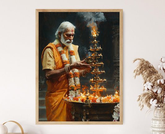 Affiche Aarti Hindoue – Illustration Spirituelle avec Diya en Laiton