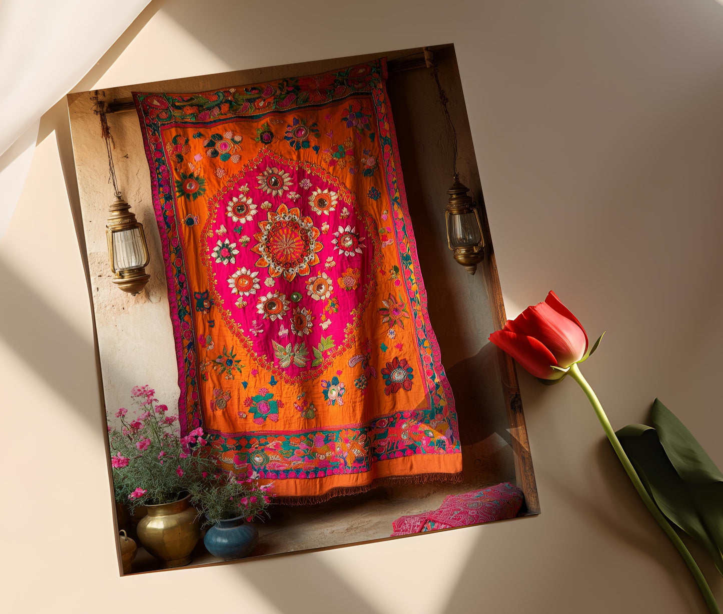 Affiche Tapisserie du Rajasthan – Poster Art Populaire avec Miroirs Indiens