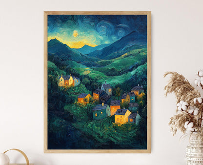 Affiche Village de Montagne à l'Aube – Poster Paysage Impressionniste inspiré par Van Gogh