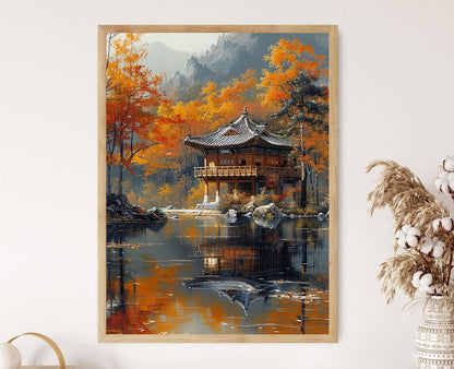 Affiche Pagode Coréenne – Peinture de Temple avec Reflets Tranquilles