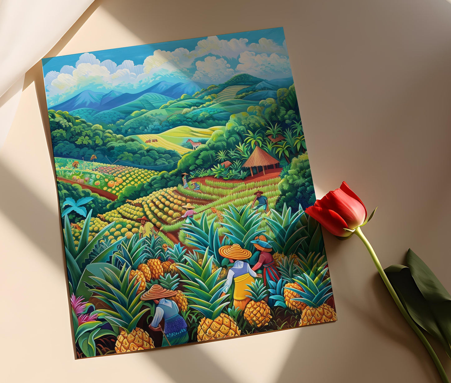 Affiche Ananas du Costa Rica – Tableau des Récolteurs dans les Champs