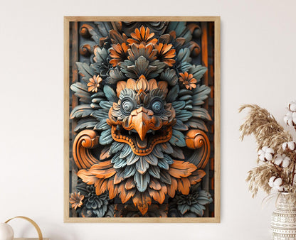 Affiche Art en Bois Balinais – Poster de Sculptures Mythologiques