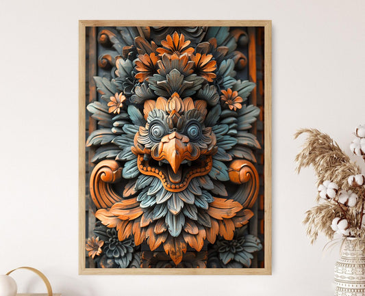 Affiche Art en Bois Balinais – Poster de Sculptures Mythologiques