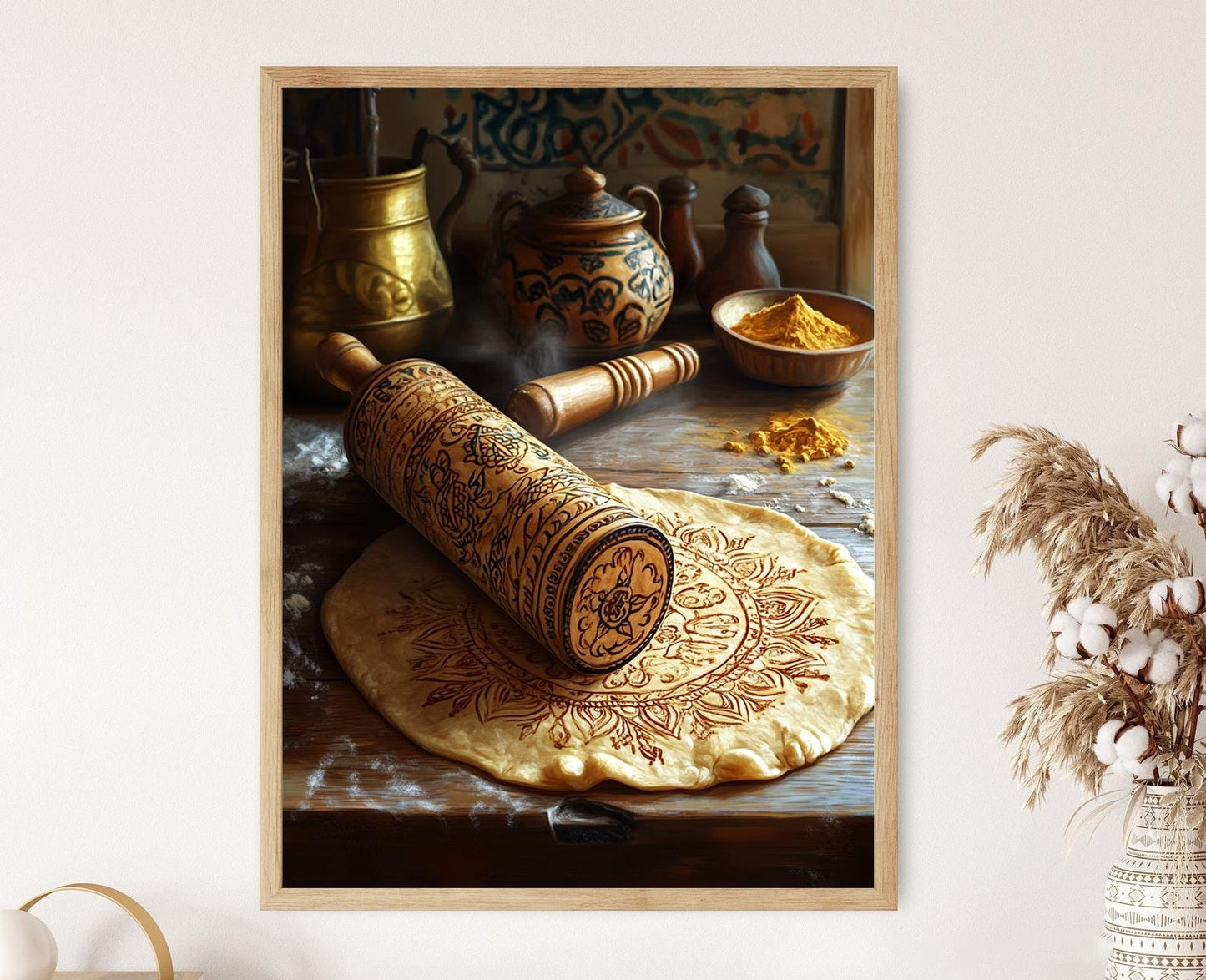 Affiche Mandala Indien – Impression Art déco avec Rouleau En Bois Sculpté