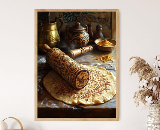 Affiche Mandala Indien – Impression Art déco avec Rouleau En Bois Sculpté