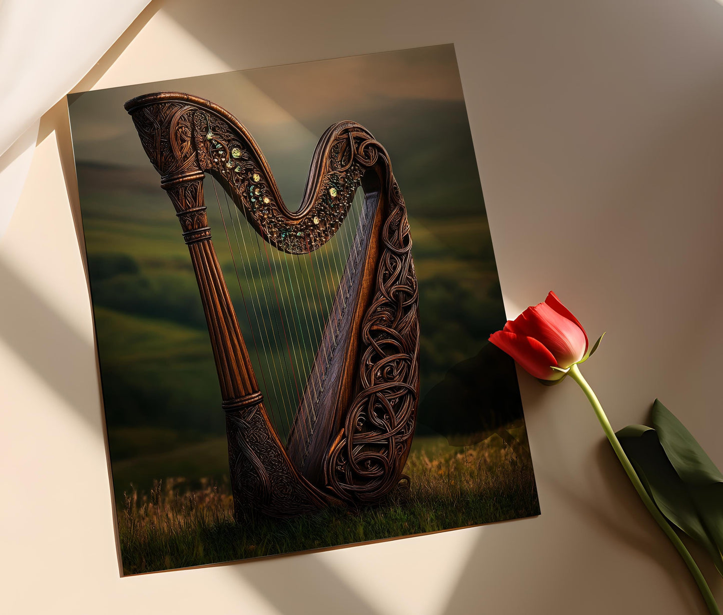 Affiche Harpe Celtique – Poster avec Nœuds Intriqués et Symboles Musicaux