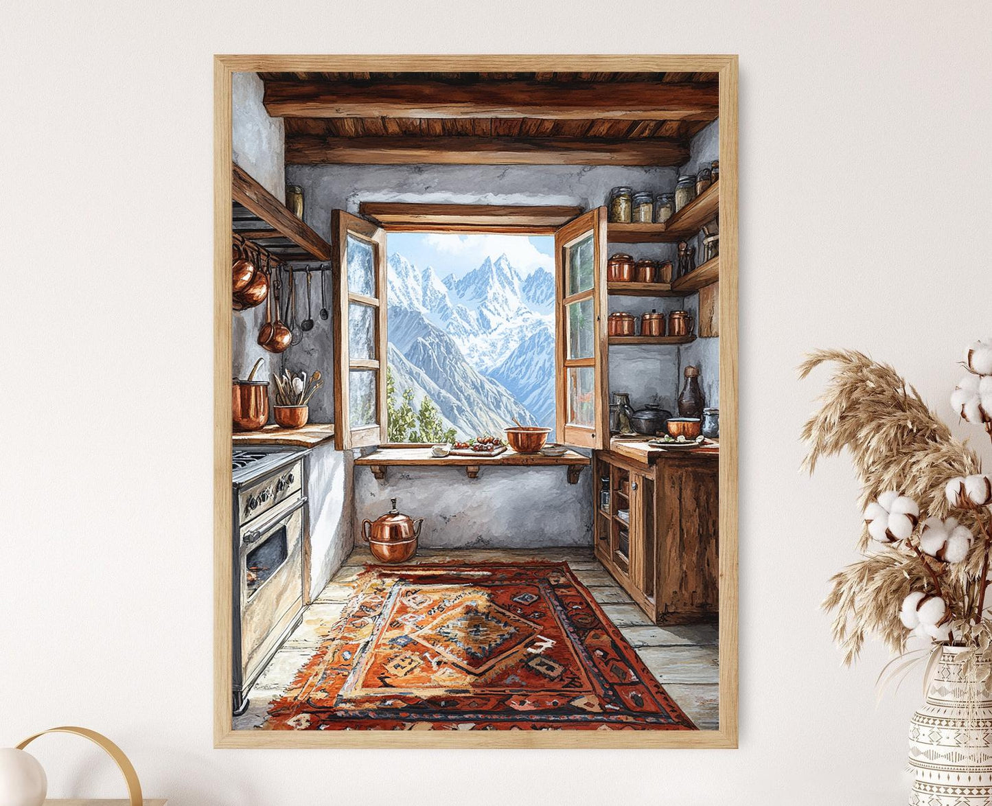 Affiche Cuisine Hunza – Poster Décor Utensiles en Cuivre et Tapis en Laine
