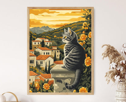 Affiche Chat Zahle – Illustration de collines et vignobles au coucher du soleil