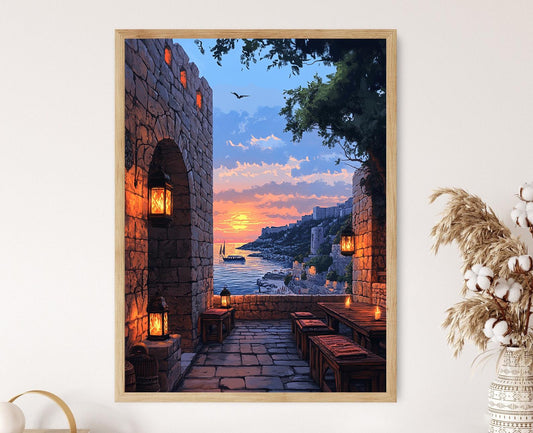 Affiche Byblos - Illustration de la terrasse, art du crépuscule, décor libanais