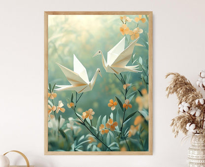 Affiche Grues en Origami dans le Jardin – Poster Symbole d'Amour Japonais