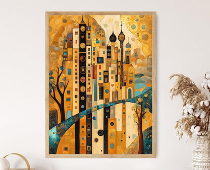 Affiche inspirée de Klimt – Poster paysages urbains dorés et nature géométrique