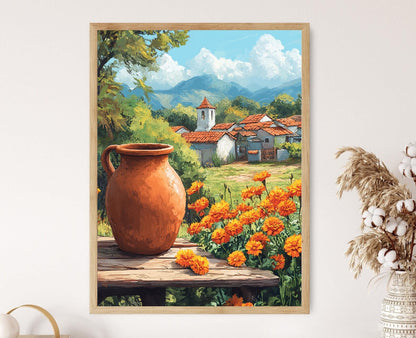 Affiche de Cruche d'Eau El Salvador – Poster Art de Marigolds en Style Ferme
