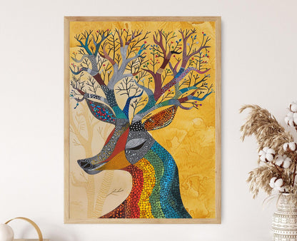 Affiche Cerf Gond – Art Tribal Indien, Décor Mur Madhya Pradesh