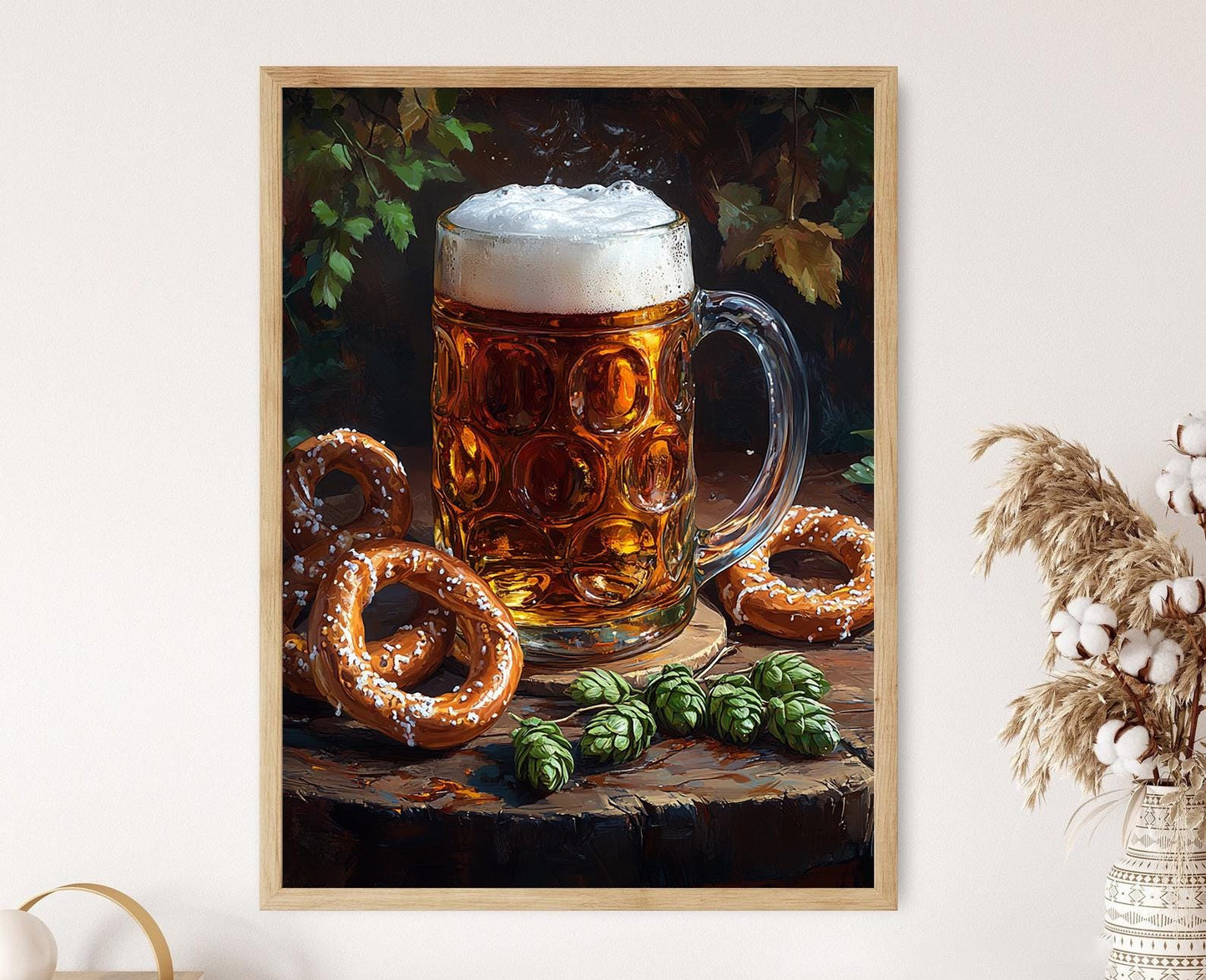 Affiche Bière Allemande – Poster Artiste de Bière, Bretzels et Houblon