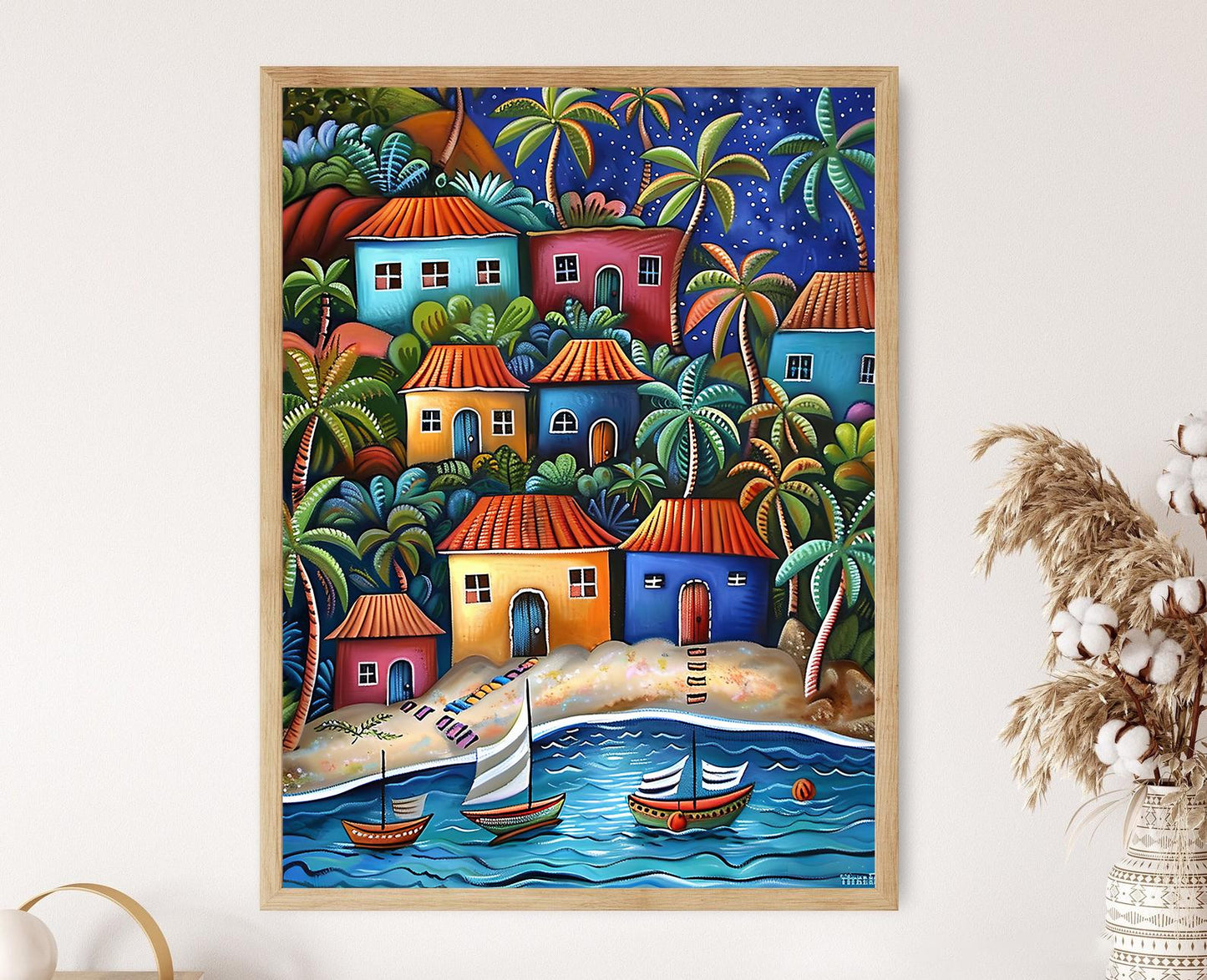 Affiche Trinidad et Tobago – Impression artistique d'un village côtier coloré