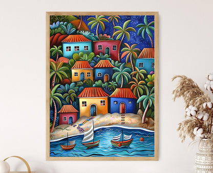 Affiche Trinidad et Tobago – Impression artistique d'un village côtier coloré
