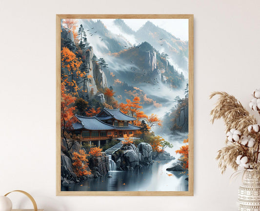 Affiche Temple Coréen Serein – Poster Paysage Montagne & Foliage d'Automne