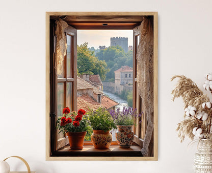 Affiche Niš, Serbie – Poster Vue Vintage avec Géraniums Rustiques