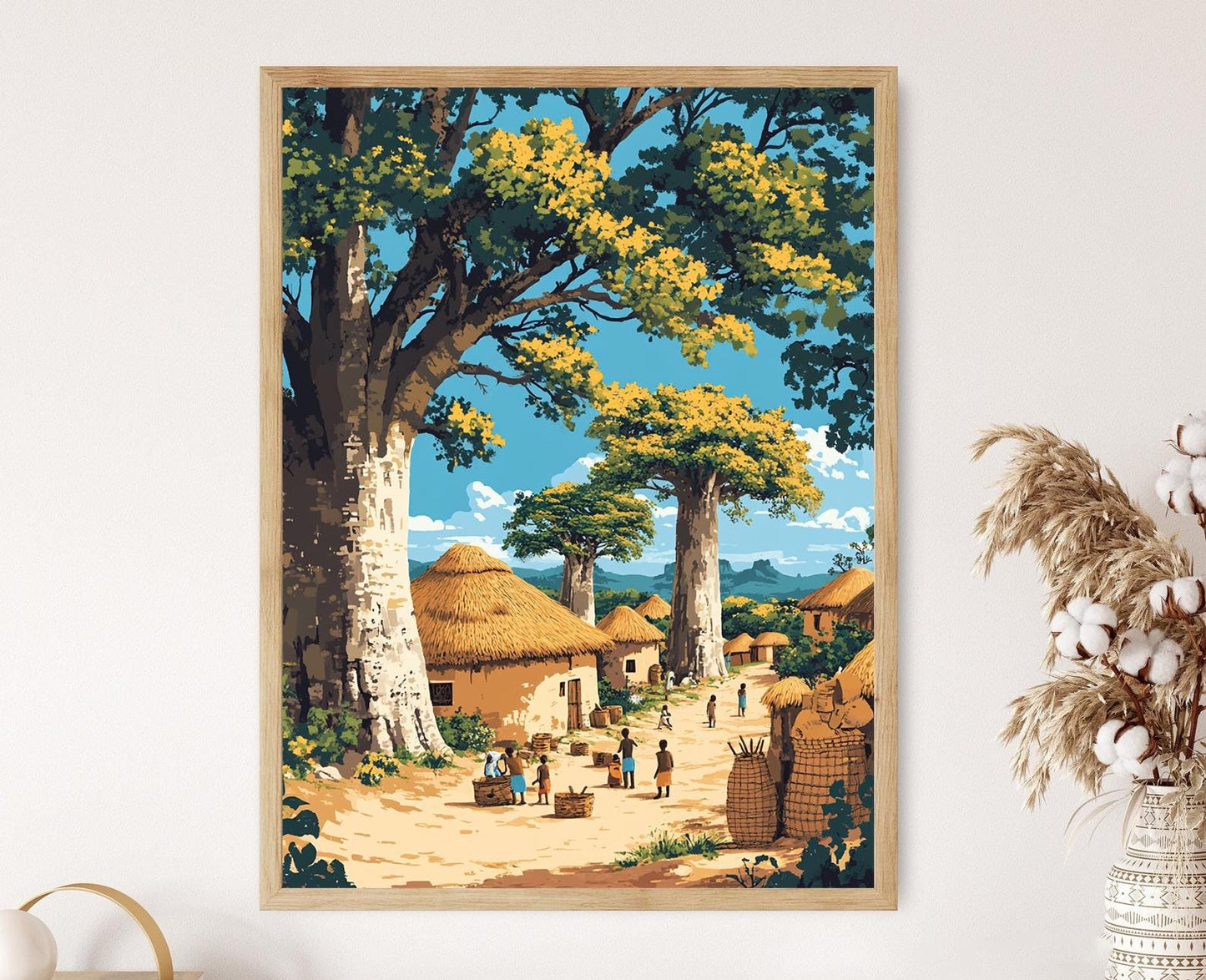 Affiche Village Mozambicain – Illustration Baobab et Tissage Artisanale